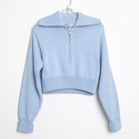Zara Cropped Sweater Half Zip Light Blue Cotton Relaxed - Picture 2 of 10